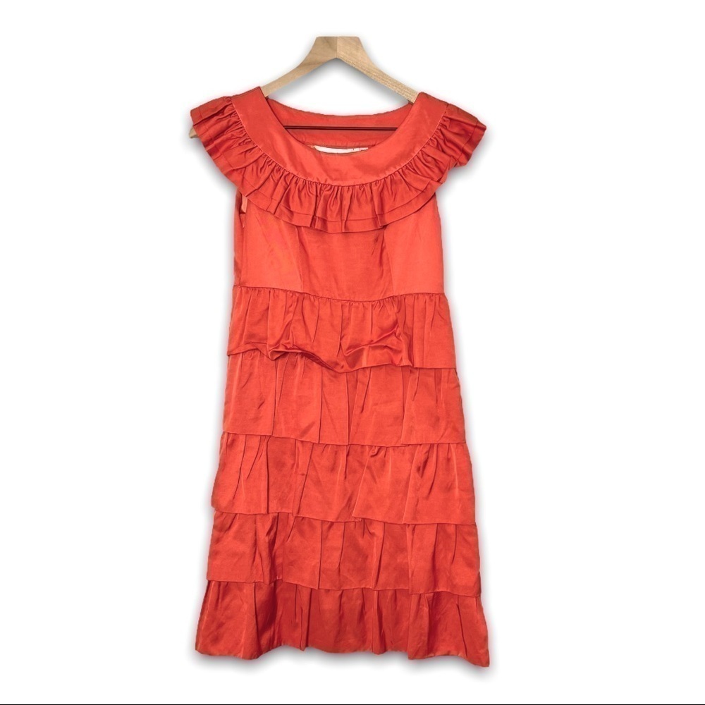 Pǐn Liáng Löka Coral Cotton Satin Ruffled Tiered‎ Sleeveless Boatneck Dress S